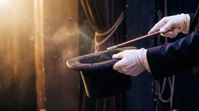 Magician hand top hat wand show trick stage spotlight
