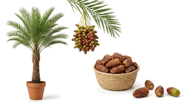 Potted date palm with fresh ripe dates and woven basket in minimalist studio display