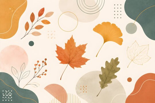 Autumn leaves arranged with abstract geometric shapes, botanical elements, soft textures and modern decorative lines on a warm cream background
