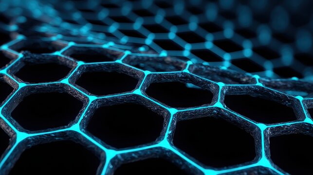 Graphene carbon nanotube structure with glowing blue hexagonal lattice pattern background