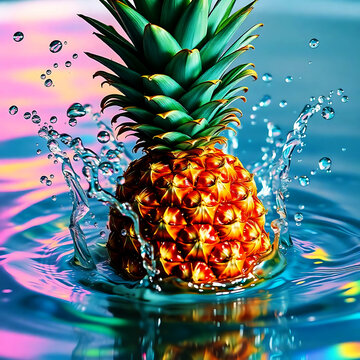 Vibrant Fresh Pineapple Splashing in Colorful Water with Tropical Leaves