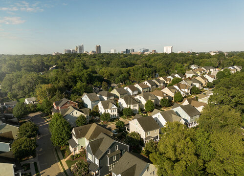 Aerial view of a new housing development with luxury homes near downtown Raleigh, North Carolina
