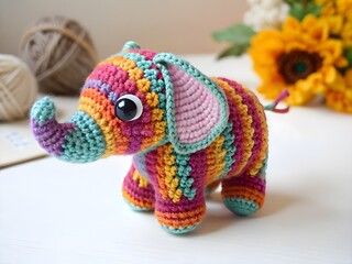 Obraz premium Multicolored crocheted elephant isolated on transparent background for design
