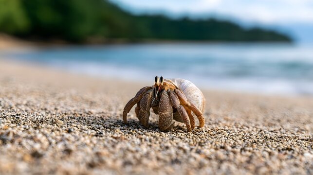 A hermit crab walks across a sunlit sandy beach with ocean waves and greenery softly blurred in background
