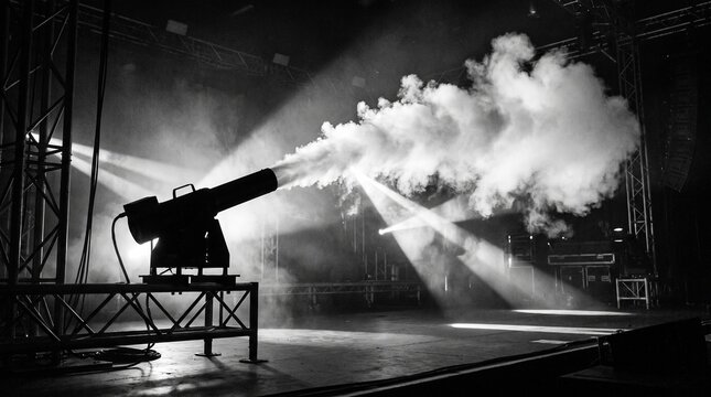Dramatic stage fog machine, professional smoke cannon on concert platform, theatrical special effects in black and white
