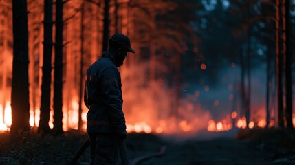 Fototapeta premium A firefighter in protective gear stands near blazing pine trees, holding a hose. Glowing smoke and orange sparks fill the air, creating cinematic tension against the dark forest backdrop.