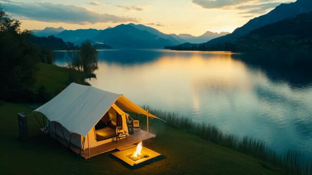 A small, modern white tent with a deck is set up on the shore of a mountain lake, reflecting the colors of the sun as it sets behind the peaks.