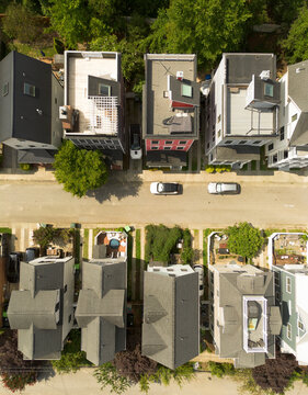Aerial view of high-density new homes on narrow lots in Raleigh, North Carolina