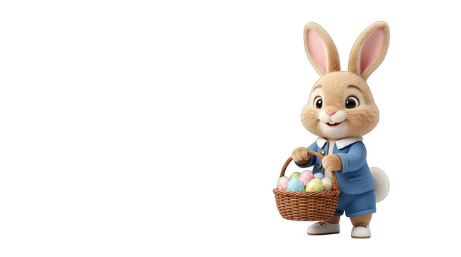 Cute cartoon easter bunny holding a basket filled with colorful eggs isolated on transparent background
