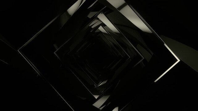 SF風の幾何学的で上品な白黒の空間を進む、ループする3DトンネルCG