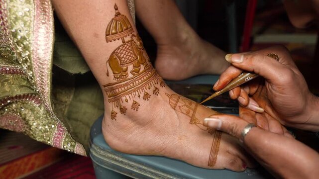 Professional henna artist applying intricate elephant mehndi design on a bride's foot.
