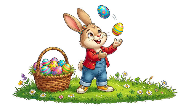 Cute cartoon easter bunny juggling colorful decorated eggs with a basket isolated on transparent background