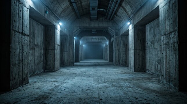 Industrial concrete bunker corridor, dark underground facility tunnel, cinematic brutalist basement with blue lighting