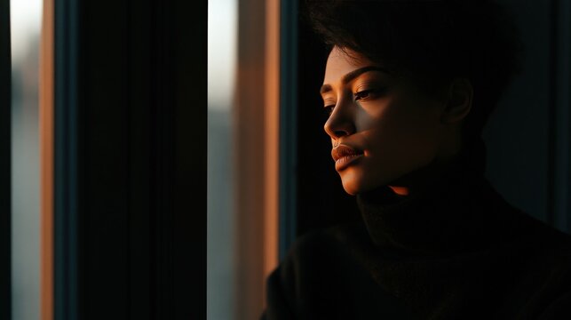 A woman sits by a window in a dark room, her face half in shadow, creating a calm and thoughtful atmosphere. The minimalist cinematic composition symbolizes energy crisis and isolation.