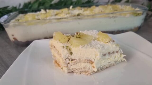 Eating Slice of Pineapple Cake with Golden Spoon Close Up