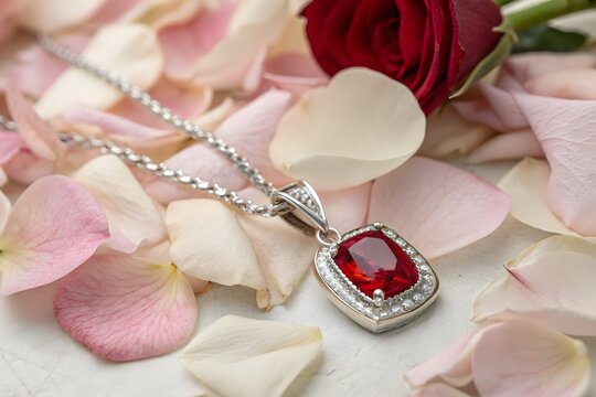 Silver red gemstone necklace isolated on transparent background for luxury branding design