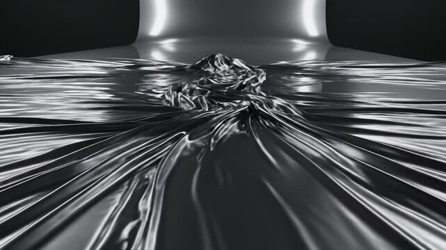 Abstract 3D rendering of a dark metallic reflective plane stretching and wrinkling like fabric under tension with bright highlight reflections on a smooth dark grey material surface.
