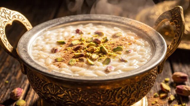 Steaming bowl of creamy rice pudding topped with pistachios and cinnamon