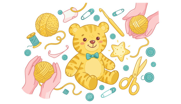 Knitting and Amigurumi Craft Vector Illustration Set Featuring Handmade Plush Tiger Toy Yarn Balls Crochet Hook Scissors and Buttons for Hobby Designs