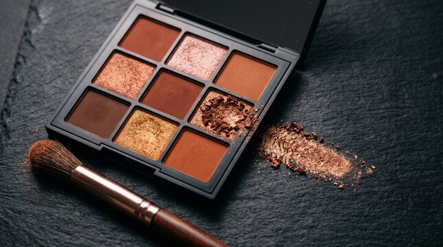 Eyeshadow palette set featuring metallic brown and bronze powder pigments with a professional makeup brush resting on a dark black textured slate stone surface background