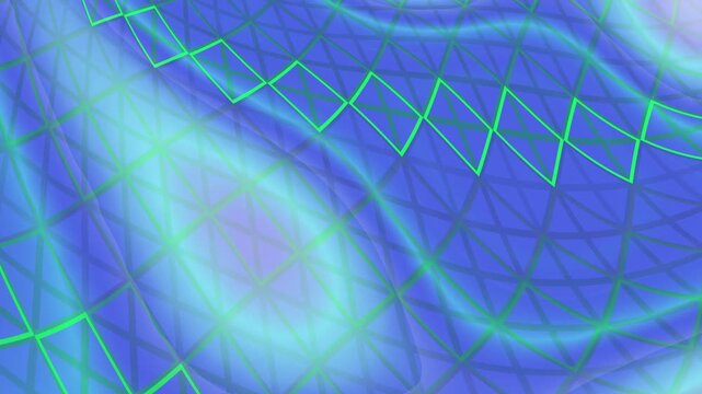 Modern blue technology background featuring layered wireframe geometry, glowing green polygon grids, and circular digital patterns.