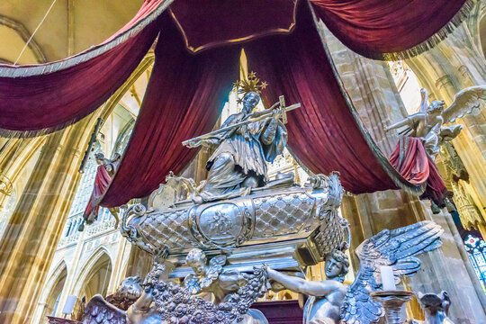 Silver tomb of Saint John of Nepomuk inside St Vitus Cathedral in Prague Castle, Czechia