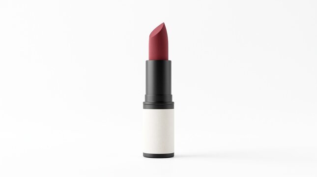 Lipstick tube mockup with dark red cosmetic product featuring blank white label standing upright isolated on clean white studio background for commercial branding graphic design