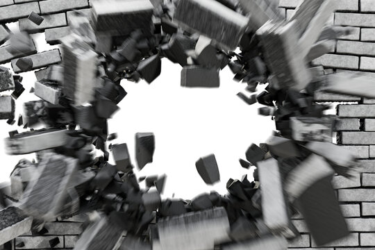 Destruction of a brick wall on a transparent background. Explosion of a brick wall. Large-scale destruction. Broken brick wall. Hole in a brick wall. 3D render