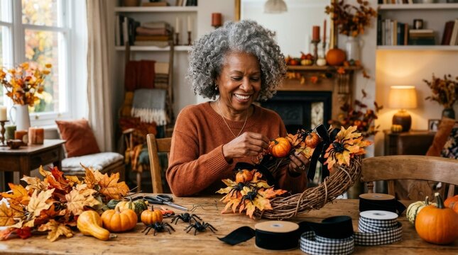 Smiling senior woman creating a handmade Halloween wreath with pumpkins, autumn leaves and spiders at home