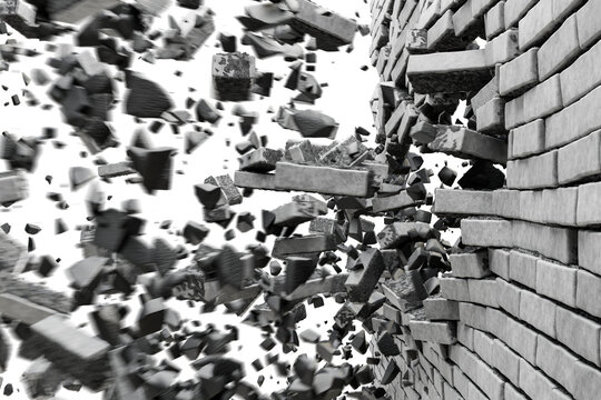 Broken gray brick wall, side view of flying debris and bricks. Brick wall explosion. Large-scale destruction. Shattered brick wall. Part of destroyed brick wall on transparent background. 3D render