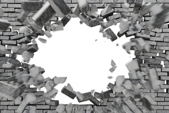 Broken brick wall. Hole in a brick wall. Destruction of a brick wall on a transparent background. Explosion of a brick wall. Large-scale destruction. 3D render