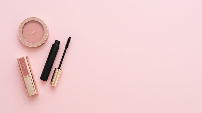 Cosmetics set containing mauve lipstick blush compact and black mascara wand arranged on a soft pastel pink background with large negative space for marketing text