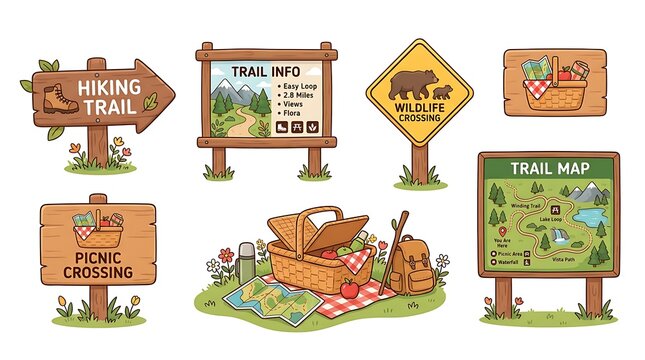 Set of cartoon wooden signs for hiking trails and picnic areas with maps and wildlife crossing warning symbols