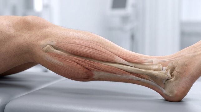 Detailed anatomical illustration of human lower leg muscles and bones.