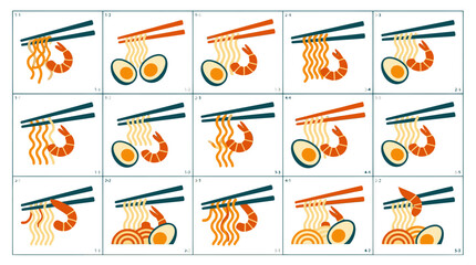 Obraz premium Chopsticks Lifting Instant Noodles with Shrimp and Egg Variations Flat Vector Icon Set