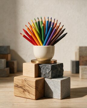 Rainbow fanned pencils and crayons in a cup sitting on geometric stone pedestals. Minimalist back to school and Knowledge Day art concept.