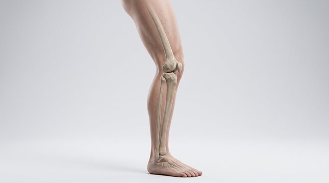 Human leg with visible bone structure and knee joint on a white background.