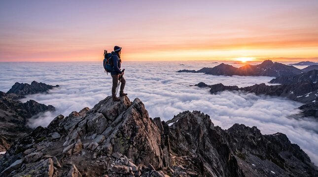 Mountaineer standing on rocky summit above clouds during golden hour for travel agency marketing