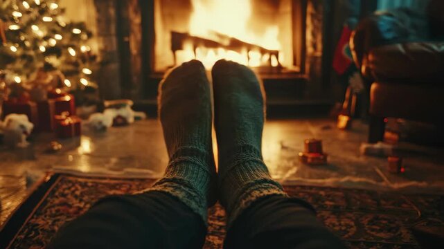 Cozy feet rest near warm fireplace. Christmas tree glows softly in background. Soft light dances across wooden floor. Familiar socks add comfort to quiet evening. Fire crackles gently in hearth