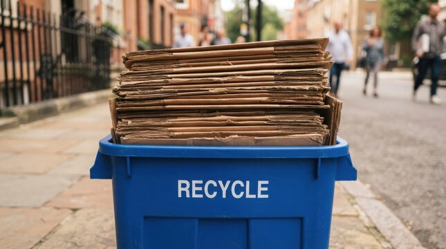 Stack of flattened cardboard boxes in a blue recycling bin on a city street