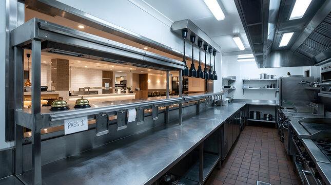 professional commercial kitchen interior | stainless steel restaurant kitchen equipment | industrial kitchen food pass station | empty modern restaurant back of house