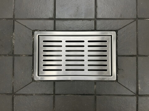 Modern stainless steel floor drain | Industrial bathroom drainage grate | Rectangular shower drain on dark tiles | Contemporary wet room floor grate