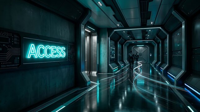 Neon blue access sign glowing on a dark futuristic corridor wall in a science fiction space station interior