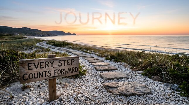 Wooden sign with text every step counts forward on a pebble path leading to a beautiful beach at sunset time