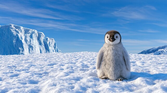 Adorable fluffy penguin chick stands on snow in Antarctica with iceberg and mountains under blue sky