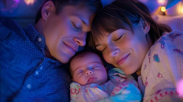A warm scene of a family cuddling and sleeping together at night.