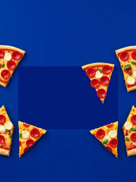 Eight pizza slices arranged in two rows separated by a dark blue rectangular shape element, pizza, ||food