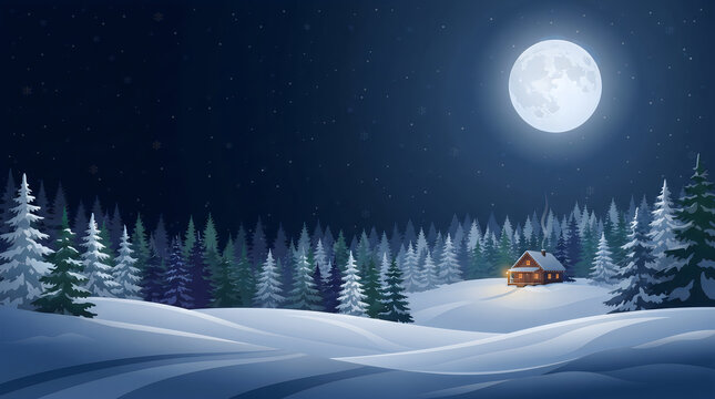 Pixel art winter landscape with a cozy cabin at night under a full moon and starry sky