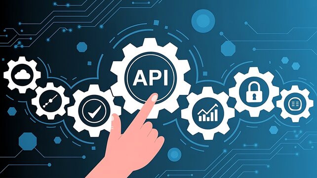 Hand interacts with API gear, symbolizing digital application programming interface (API) development, integration, cloud services, and security in a technology network