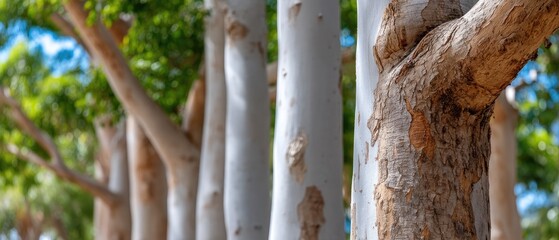 Naklejka premium Close view of tall eucalyptus trees with peeling bark showing shades of cream and beige, set against soft focused green foliage and sunlight patches